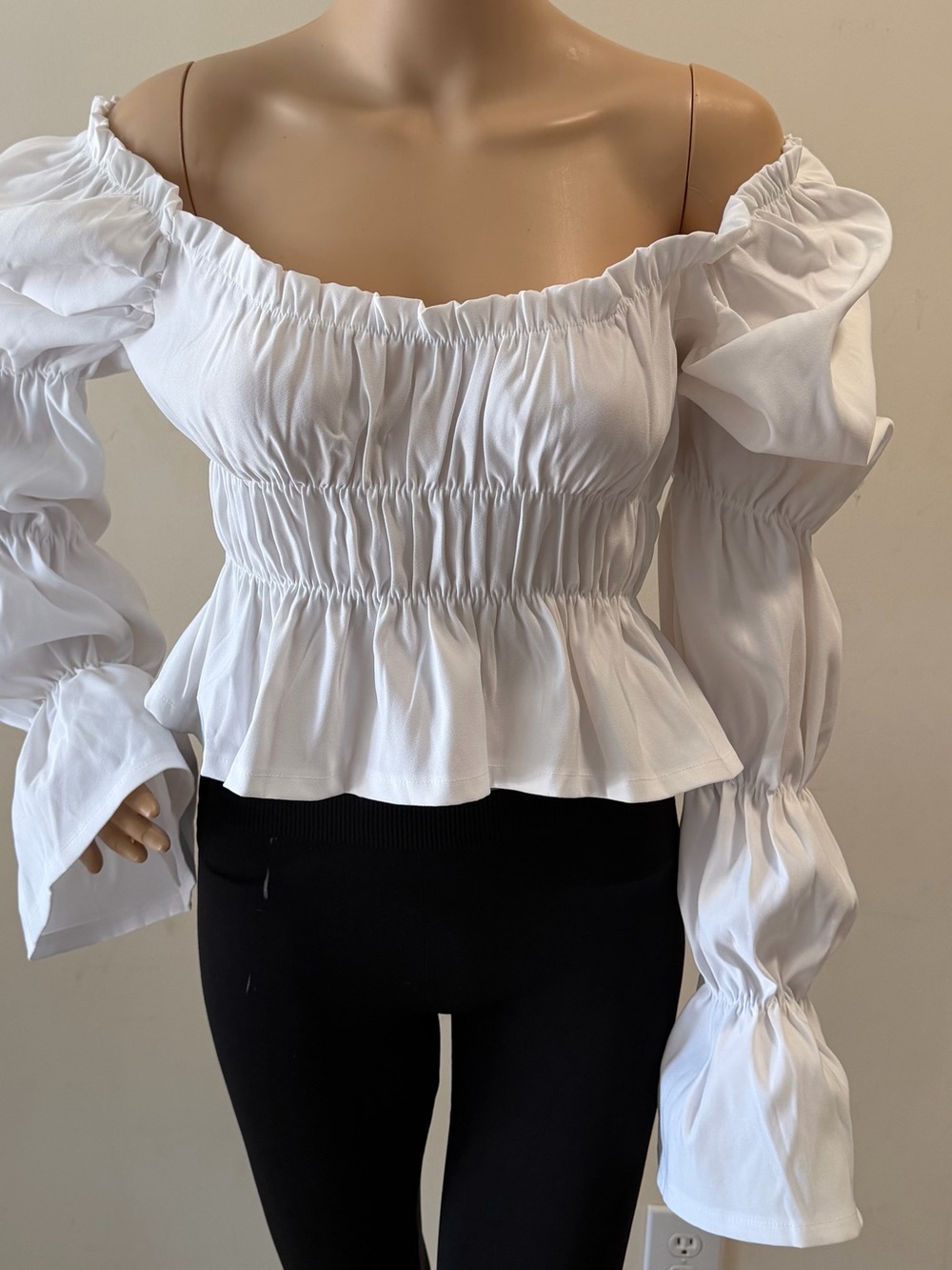 Zara White Off-Shoulder Smocked Peplum Blouse
